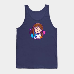 Cute Girl Hug Dog Cartoon Tank Top